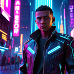 **Cyberpunk Leather Jacket Avatar:** A young, cool avatar wearing a unique, intricately designed cyberpunk-style leather jacket NFT, standing in a vibrant, neon-lit virtual city square. The jacket should be highly detailed with glowing elements and futuristic accents.