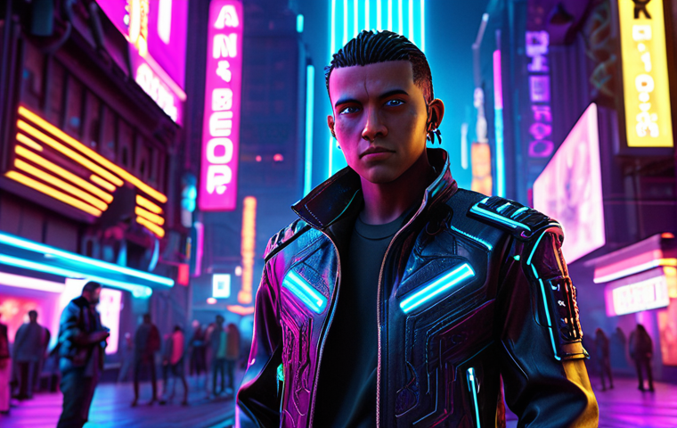 **Cyberpunk Leather Jacket Avatar:** A young, cool avatar wearing a unique, intricately designed cyberpunk-style leather jacket NFT, standing in a vibrant, neon-lit virtual city square. The jacket should be highly detailed with glowing elements and futuristic accents.