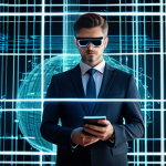 A professional legal expert in a modest business suit stands thoughtfully amidst a complex holographic display of abstract legal documents and blockchain code. Blurred lines and overlapping digital interfaces symbolize legal ambiguity, set within a clean, modern, futuristic virtual reality courtroom or digital office, emphasizing the intersection of law and technology. Perfect anatomy, correct proportions, natural pose, well-formed hands, proper finger count. Professional photography, high detail, sharp focus, vibrant digital lighting. Safe for work, appropriate content, fully clothed, professional.