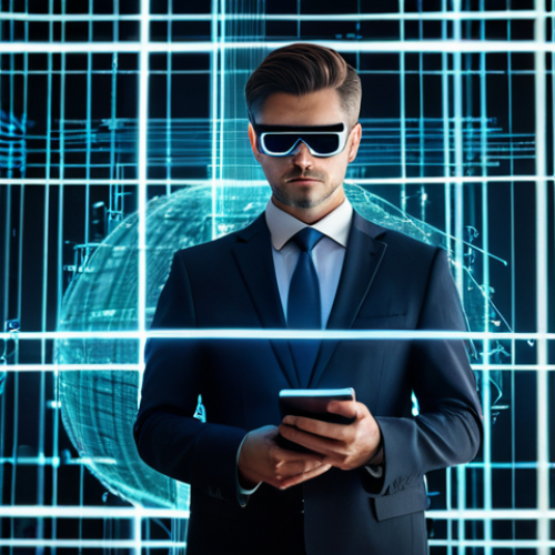 A professional legal expert in a modest business suit stands thoughtfully amidst a complex holographic display of abstract legal documents and blockchain code. Blurred lines and overlapping digital interfaces symbolize legal ambiguity, set within a clean, modern, futuristic virtual reality courtroom or digital office, emphasizing the intersection of law and technology. Perfect anatomy, correct proportions, natural pose, well-formed hands, proper finger count. Professional photography, high detail, sharp focus, vibrant digital lighting. Safe for work, appropriate content, fully clothed, professional.