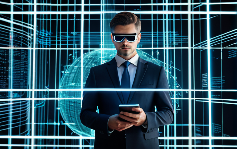 A professional legal expert in a modest business suit stands thoughtfully amidst a complex holographic display of abstract legal documents and blockchain code. Blurred lines and overlapping digital interfaces symbolize legal ambiguity, set within a clean, modern, futuristic virtual reality courtroom or digital office, emphasizing the intersection of law and technology. Perfect anatomy, correct proportions, natural pose, well-formed hands, proper finger count. Professional photography, high detail, sharp focus, vibrant digital lighting. Safe for work, appropriate content, fully clothed, professional.